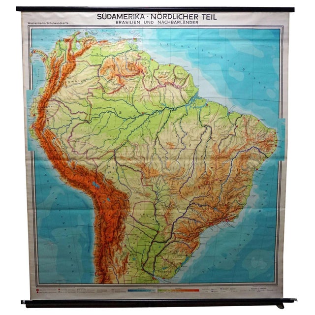 Textile Vintage South America Brasilia and Neighbour States Rollable Map Wall Chart For Sale - Image 7 of 7