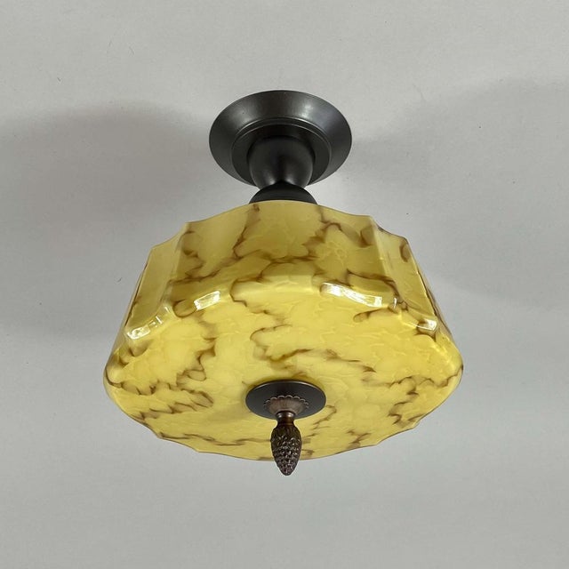 Metal Art Deco Flush Mount in Marbled Opaline Glass & Burnished Metal, Germany, 1920s For Sale - Image 7 of 18
