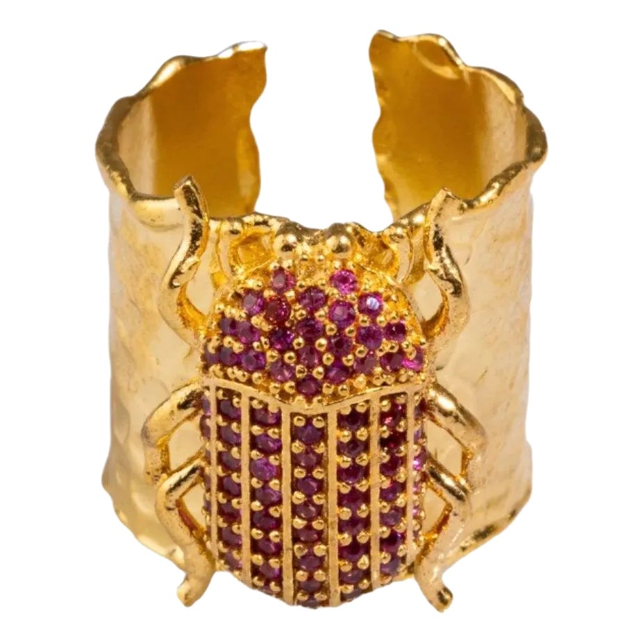 Egyptian Symbol Scarab Beetle Ruby & Gold Chunky Ring, Adjustable size ...
