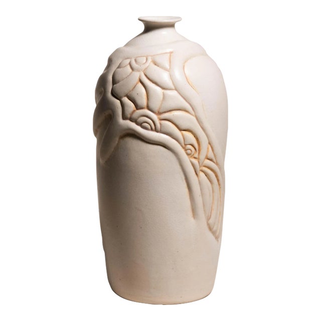 1980's Vintage Handmade Studio Pottery, Crazing Ceramic Vase, Sculpted Hand and Soft Floral Motif Signed by Mike Casselberry For Sale