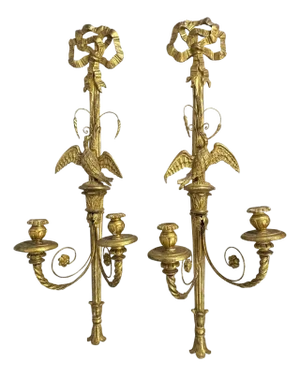 Early 20th Century Italian Carved Large and Giltwood Two-Light Sconces - A Pair