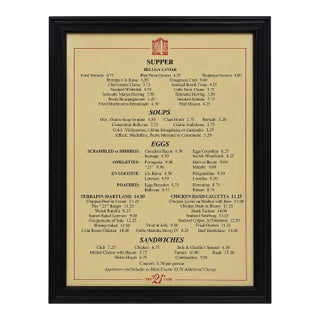 Vintage the 21 Club Nyc Restaurant Framed Supper Menu For Sale