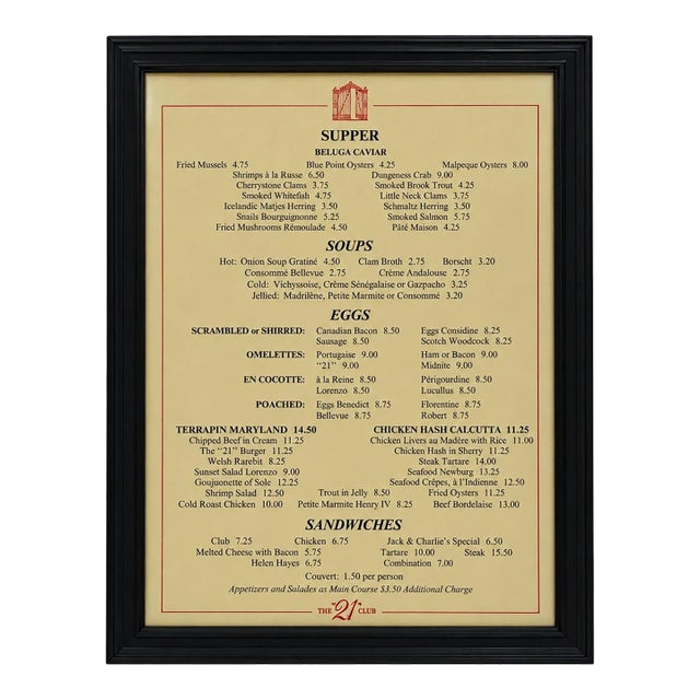 Vintage the 21 Club Nyc Restaurant Framed Supper Menu For Sale