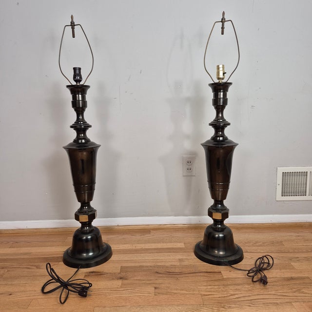 Metal Mid-20th Century Signed Japanese Oversized Etched Bronze Table Lamps W/ Original Hand Painted Shades, a Pair For Sale - Image 7 of 13