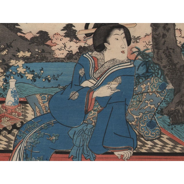 Japanese Woodblock Utagawa Kunisada Framed Wood Gold Gilt Antique Bijin Cherry Blossom Floral Kimono Sake For Sale - Image 4 of 17