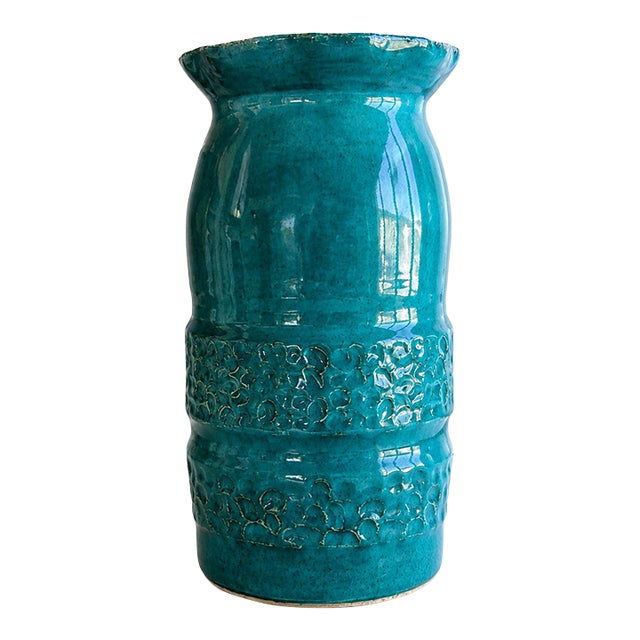 Vintage Turquoise Blue Heavy Studio Pottery Vase With Textured Bands For Sale