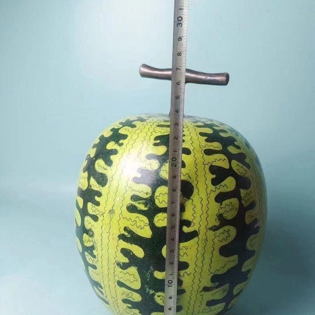 Large Vintage Cloisonné Enamel Watermelon Figure – Copper Body, Green & Yellow Motif For Sale - Image 4 of 6