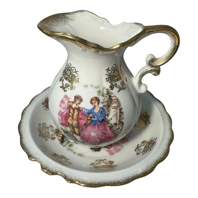 Vintage Japan Creamer and Saucer Courting Couple Victorian Scene Gold Gilt For Sale