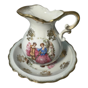 Vintage Japan Creamer and Saucer Courting Couple Victorian Scene Gold Gilt