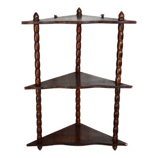 Vintage Triangular Turned Wood Wall Shelf, 1970s For Sale