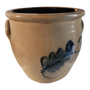 19th C Decorated Stoneware Crock With Flower
