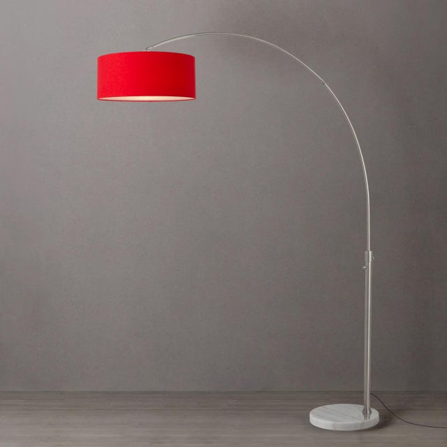 Mid-Century Modern 1960s Mid Century Morelli Floor Lamp - Modern Arc Lamp, Satin Nickel Finish, White Marble Base, Crimson Red Shade For Sale - Image 3 of 4