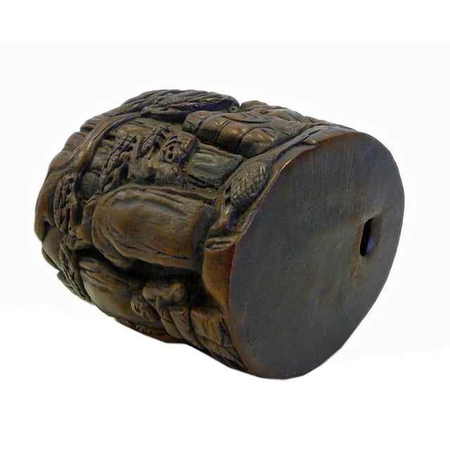 Chinese People Pine Carving Bamboo Display Figure Brush Holder Pot For Sale - Image 5 of 6