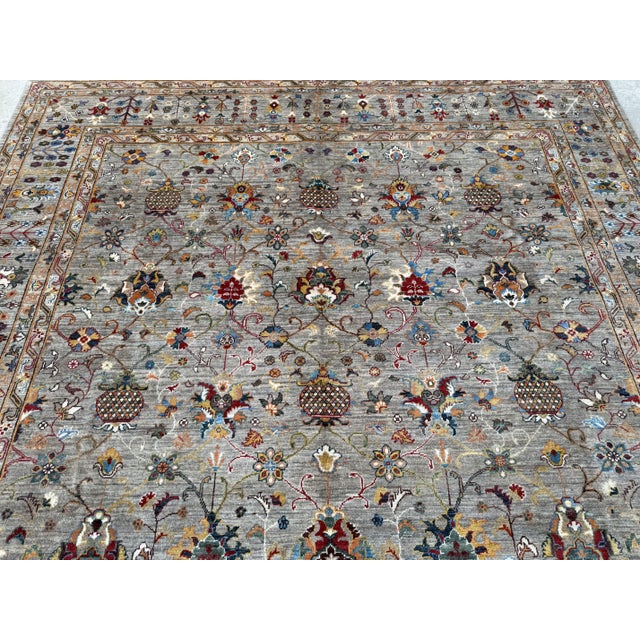 Chobi Area Rug, Hand-Knotted Wool, Allover Floral, 9x12, Silver & Camel For Sale - Image 10 of 11