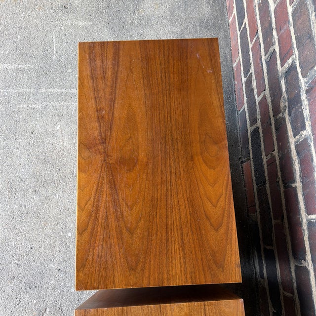 Wood Pair of American of Martinsville Wonderwood Walnut & Cane Nightstands For Sale - Image 7 of 12