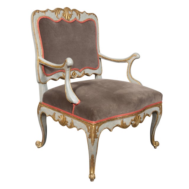 Rococo Pair of Italian Rococo Blue Painted Armchairs For Sale - Image 3 of 10