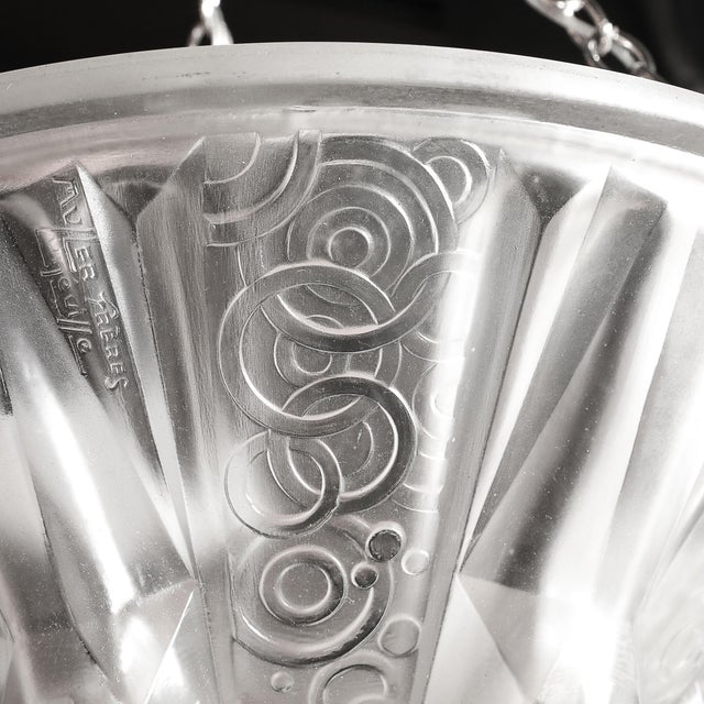 1930s Stunning Art Deco Cubist Detailed Molded Glass Chandelier Signed Muller Freres For Sale - Image 17 of 18