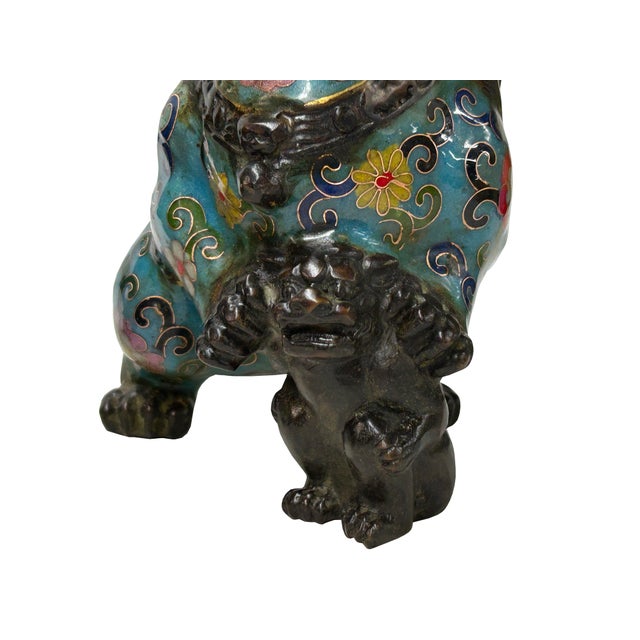 Pair Vintage Enamel Cloisonne Fengshui Foo Dog Lions Display Figure For Sale - Image 13 of 16