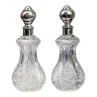 Brilliant Large Pair Crystal Scent Perfume Bottles Silver Stoppers Antique Victorian Vanity Dresser For Sale
