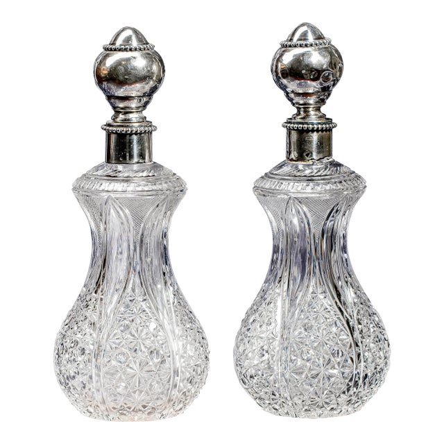 Brilliant Large Pair Crystal Scent Perfume Bottles Silver Stoppers Antique Victorian Vanity Dresser For Sale