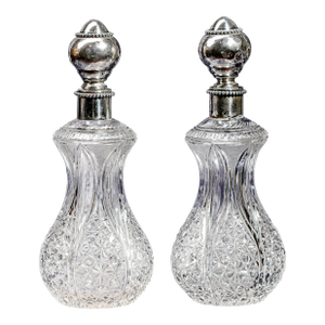 Brilliant Large Pair Crystal Scent Perfume Bottles Silver Stoppers Antique Victorian Vanity Dresser