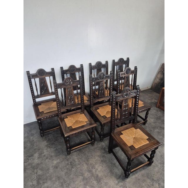 Breton Carved Chairs with Straw Seats, Set of 8 For Sale - Image 14 of 15