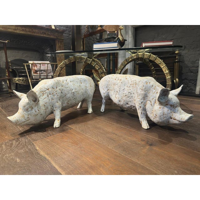 Metal Painted White Cast Iron Pigs, Set of 2 For Sale - Image 7 of 15