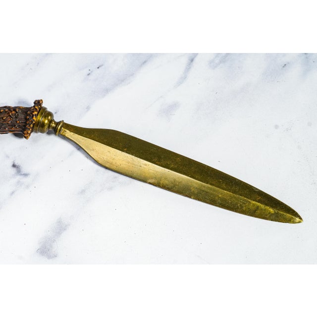 Brass Impressive Large Antler Brass Desk Letter Opener Rustic Home Office Decor For Sale - Image 8 of 12