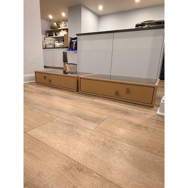 Tan Pair of Custom Made Leather Wrapped Floating Nightstands For Sale - Image 8 of 13