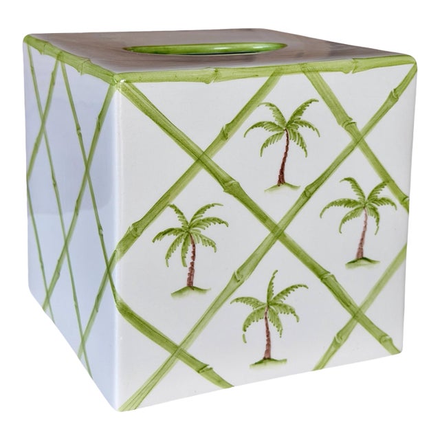 Italian Palm Tree Lattice Ceramic Tissue Box Cover by Mane Lion For Sale