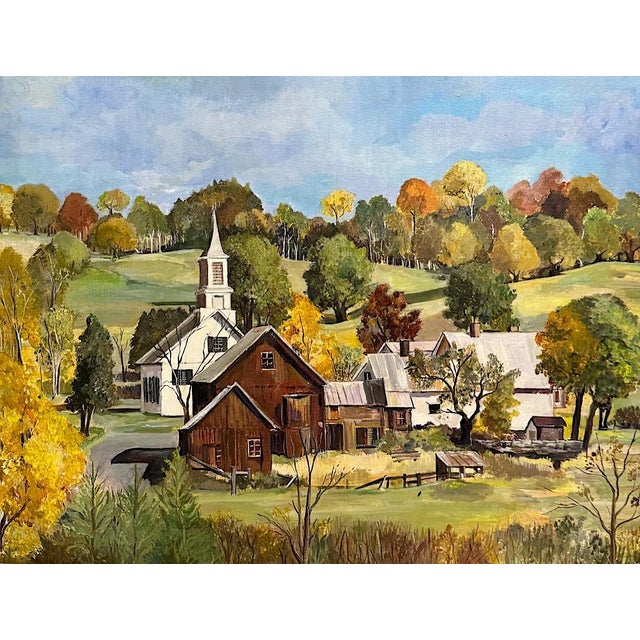 1970s New England Village in the Fall, Autumn Scene. Framed Vintage Original Oil on Board Painting For Sale - Image 5 of 9