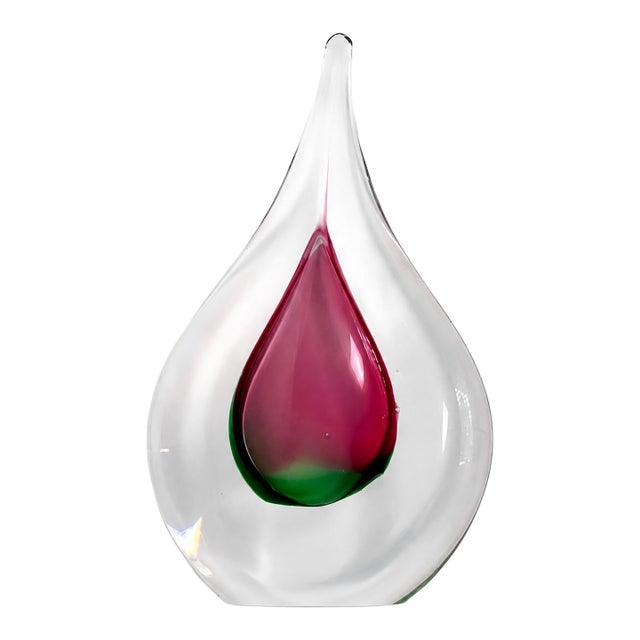 Signed Art Glass Sommerso Teardrop Sculpture Paperweight, Red & Green Encased Glass For Sale