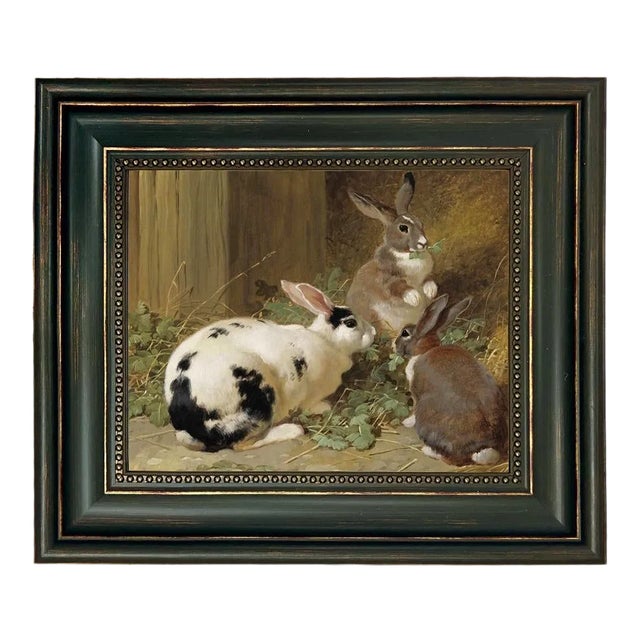 "Three Rabbits" Contemporary Reproduction Print on Canvas, Framed to 11-3/4" x 13-3/4" For Sale
