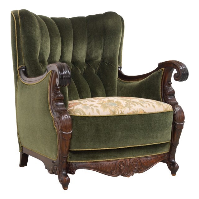 Danish Carved Lounge Chair in Green Velvet, 1920s For Sale