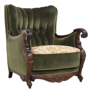 Danish Carved Lounge Chair in Green Velvet, 1920s