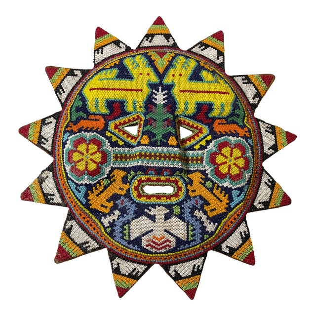 Vintage Handmade Mexican Huichol Chroma Beaded Wood Wall Sun Sculpture Mask Art For Sale