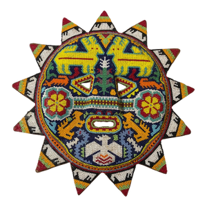 Vintage Handmade Mexican Huichol Chroma Beaded Wood Wall Sun Sculpture Mask Art