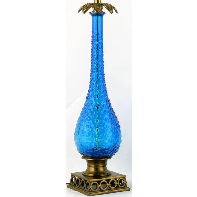 1950s Bubble Textured Blue Glass Table Lamps With Brass Accents - a Pair For Sale - Image 5 of 9