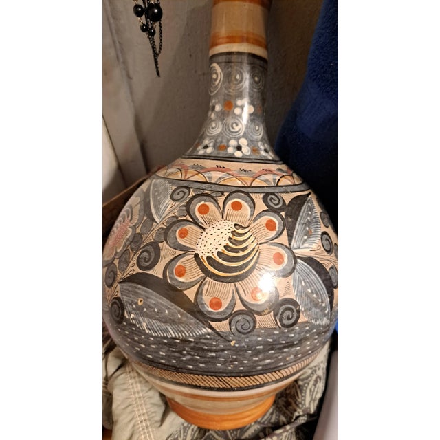 A midcentury Tonal Jal Mexico hand made hand painted vintage 1960s botanical, two deer, cactus, multi floral tall decanter...