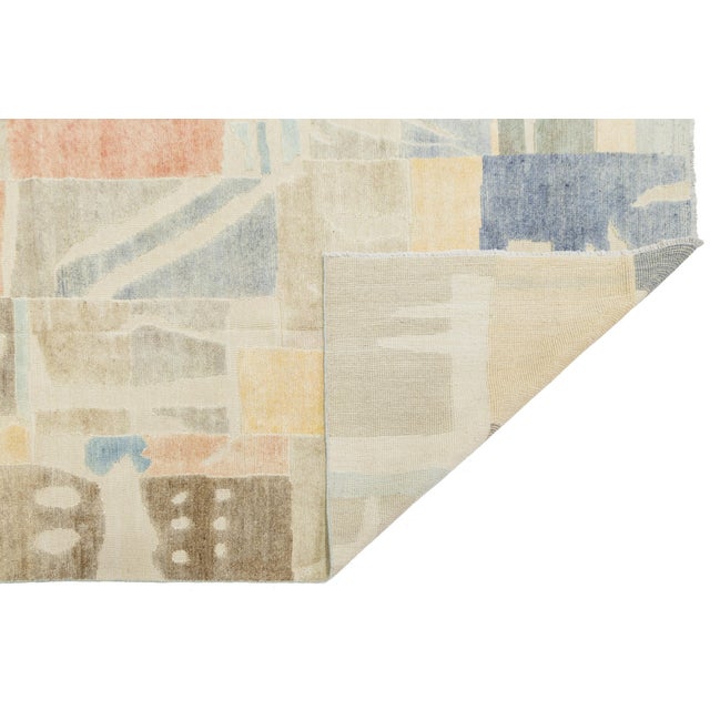 Mid-Century Modern Modernist Cubist Style Handcrafted Wool Area Rug Soft Terracotta, Ochre & Indigo For Sale - Image 3 of 12