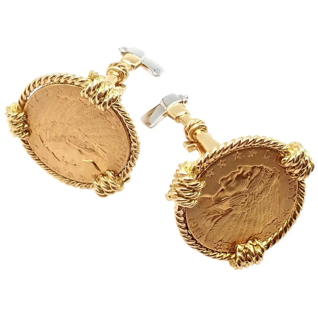 Metal 1990s Verdura Five Buck Yellow + White Gold Indian Head Coin Cufflinks - 2 Pieces For Sale - Image 7 of 9