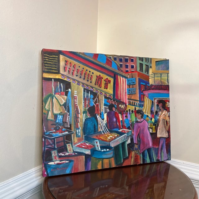 Yellow 1970s Vintage Asian Cityscape Painting on Canvas ~ Signed Amy HolzHaver For Sale - Image 8 of 9