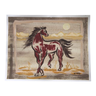 Horse Western Americana Landscape Folk Art Minimalism Burnt Sienna Beige Yellow Original Painting by Cleo Plowden For Sale