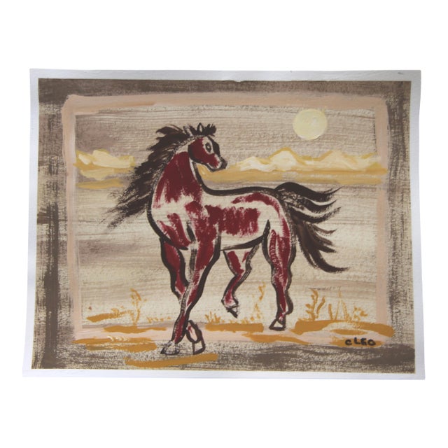 Horse Western Americana Landscape Folk Art Minimalism Burnt Sienna Beige Yellow Original Painting by Cleo Plowden For Sale