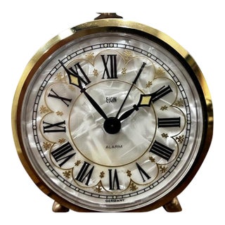 Vtg. Elgin Alarm Clock Germany Mother of Pearl Dial Solid Brass Accents Mechanical Wind Works For Sale