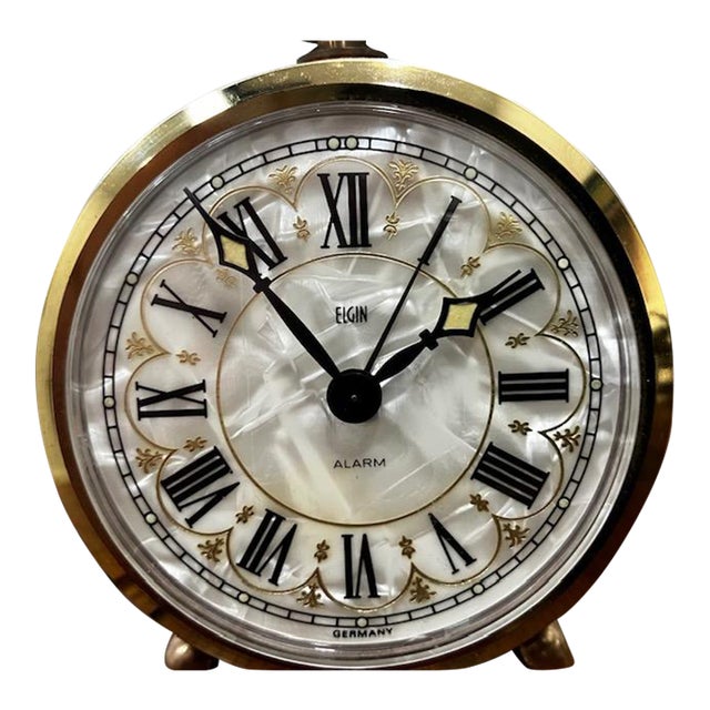 Vtg. Elgin Alarm Clock Germany Mother of Pearl Dial Solid Brass Accents Mechanical Wind Works For Sale