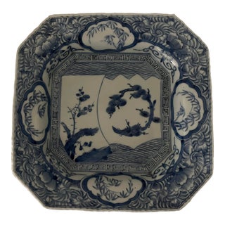 Antique Japanese Ko-Imari Blue and White Octagonal Plate With Landscape For Sale