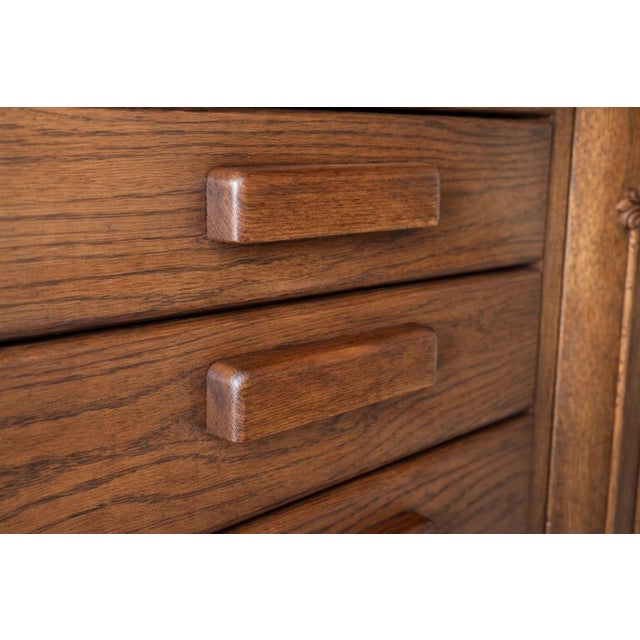Chocolate Antique Solid Oak Sideboard Cabinet With Carved Gallery Rail & Original Wood Pulls For Sale - Image 8 of 12