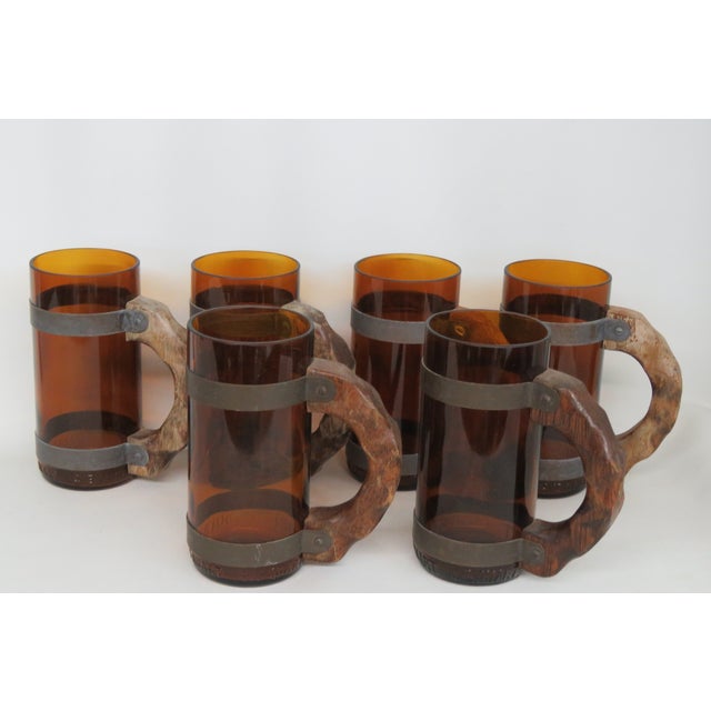 Amber Amber Brown Glass With Wood Handle Beer Mug Set of Six 4661b For Sale - Image 8 of 18