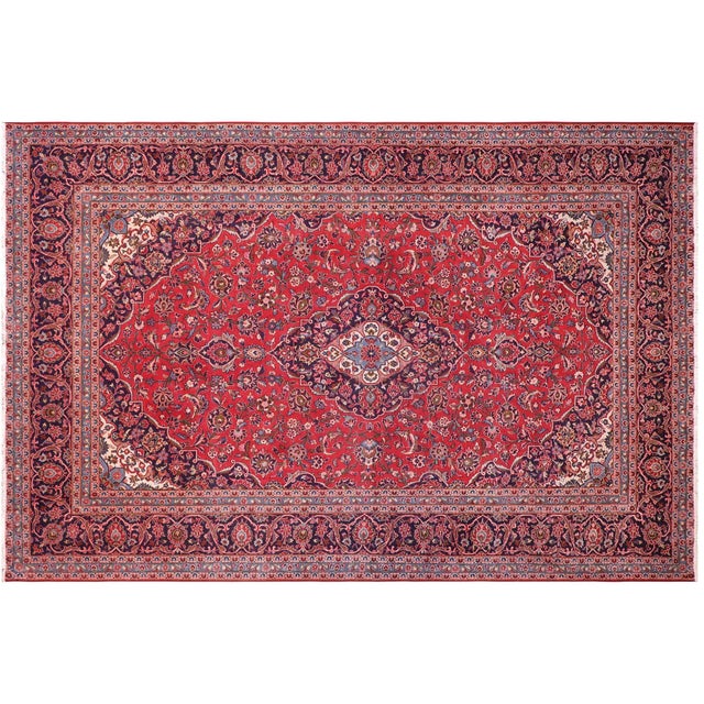 Red Shabby Chic Persian Kashan Red/Blue Wool Rug - 9'3'' X 13'1'' For Sale - Image 8 of 10